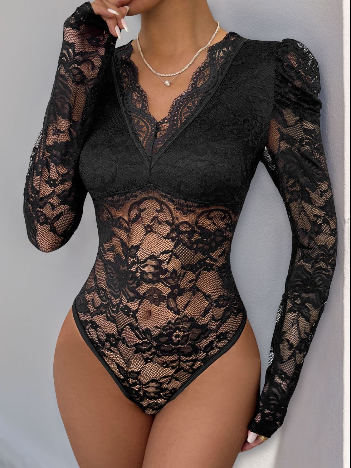 Perfee Lace V - Neck Long Sleeve Bodysuit - Flip Flop Dynasty