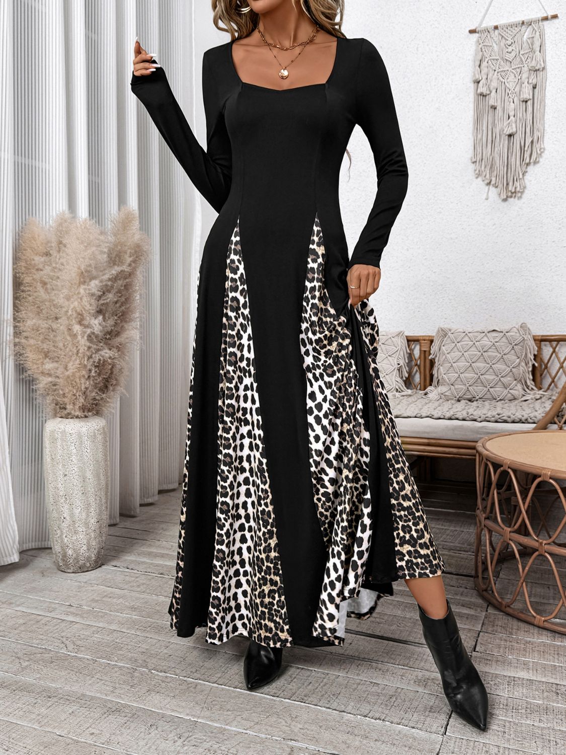 Perfee Leopard Square Neck Long Sleeve Maxi Dress - Flip Flop Dynasty