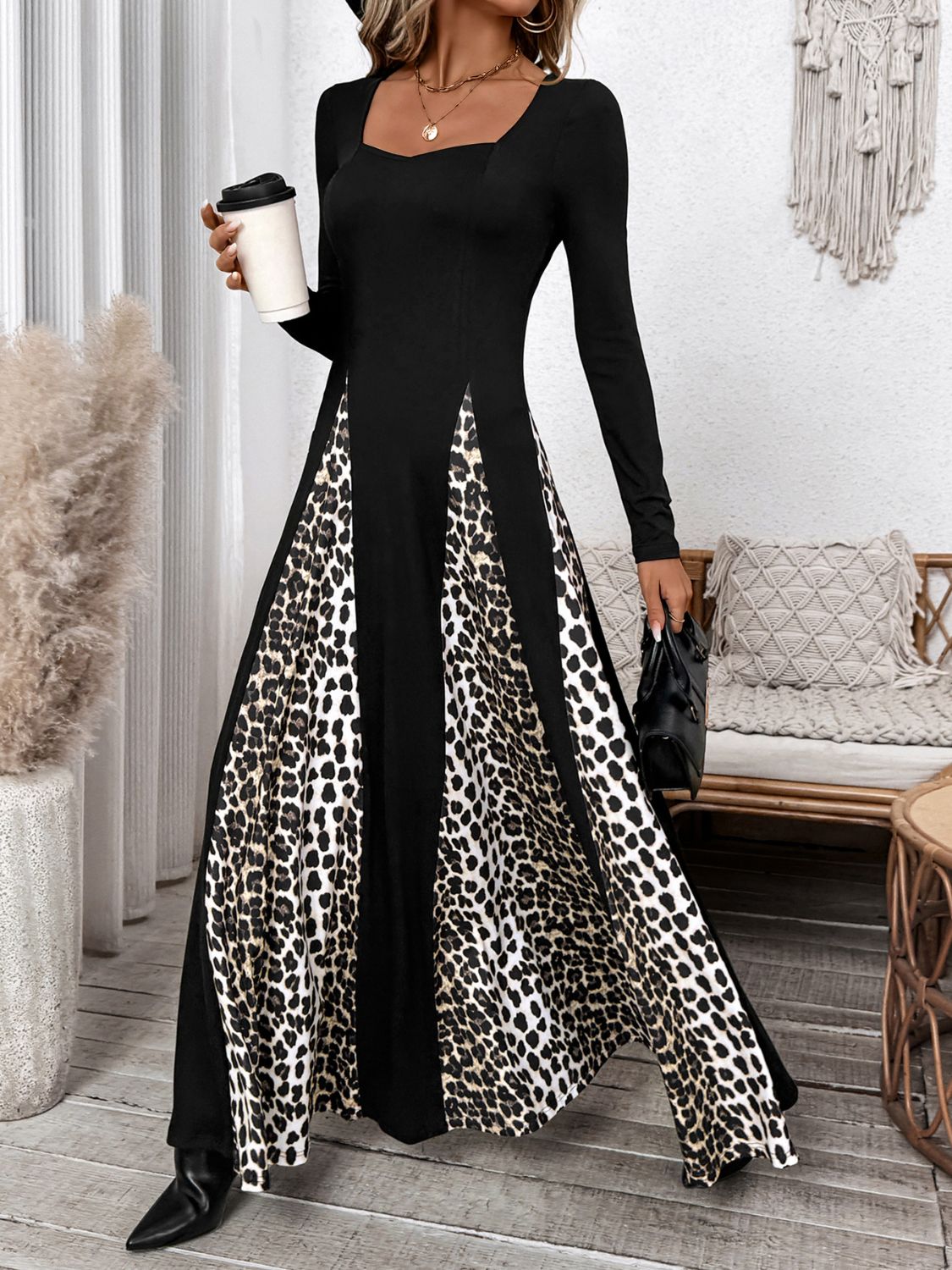 Perfee Leopard Square Neck Long Sleeve Maxi Dress - Flip Flop Dynasty