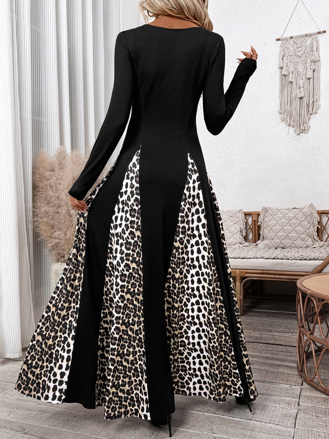 Perfee Leopard Square Neck Long Sleeve Maxi Dress - Flip Flop Dynasty