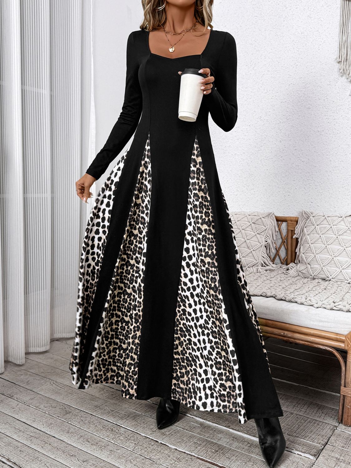 Perfee Leopard Square Neck Long Sleeve Maxi Dress - Flip Flop Dynasty