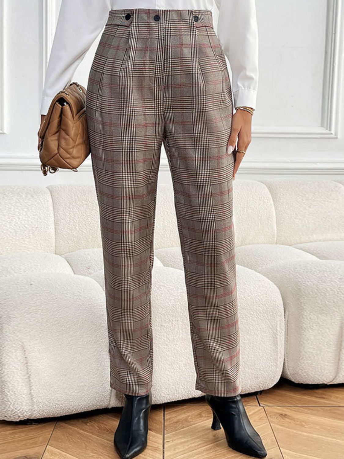 Perfee Plaid Straight Pants with Pockets - Flip Flop Dynasty