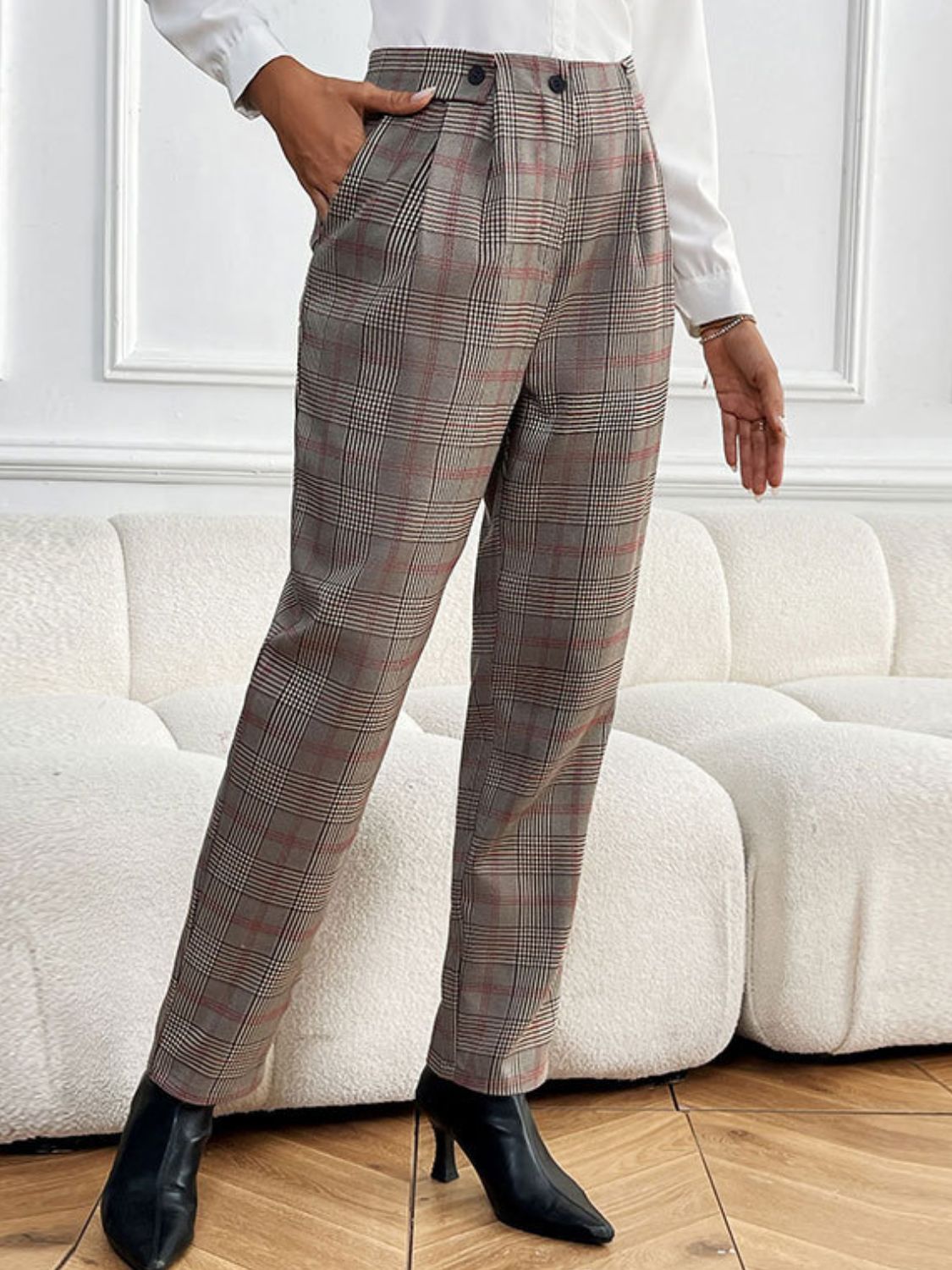 Perfee Plaid Straight Pants with Pockets - Flip Flop Dynasty