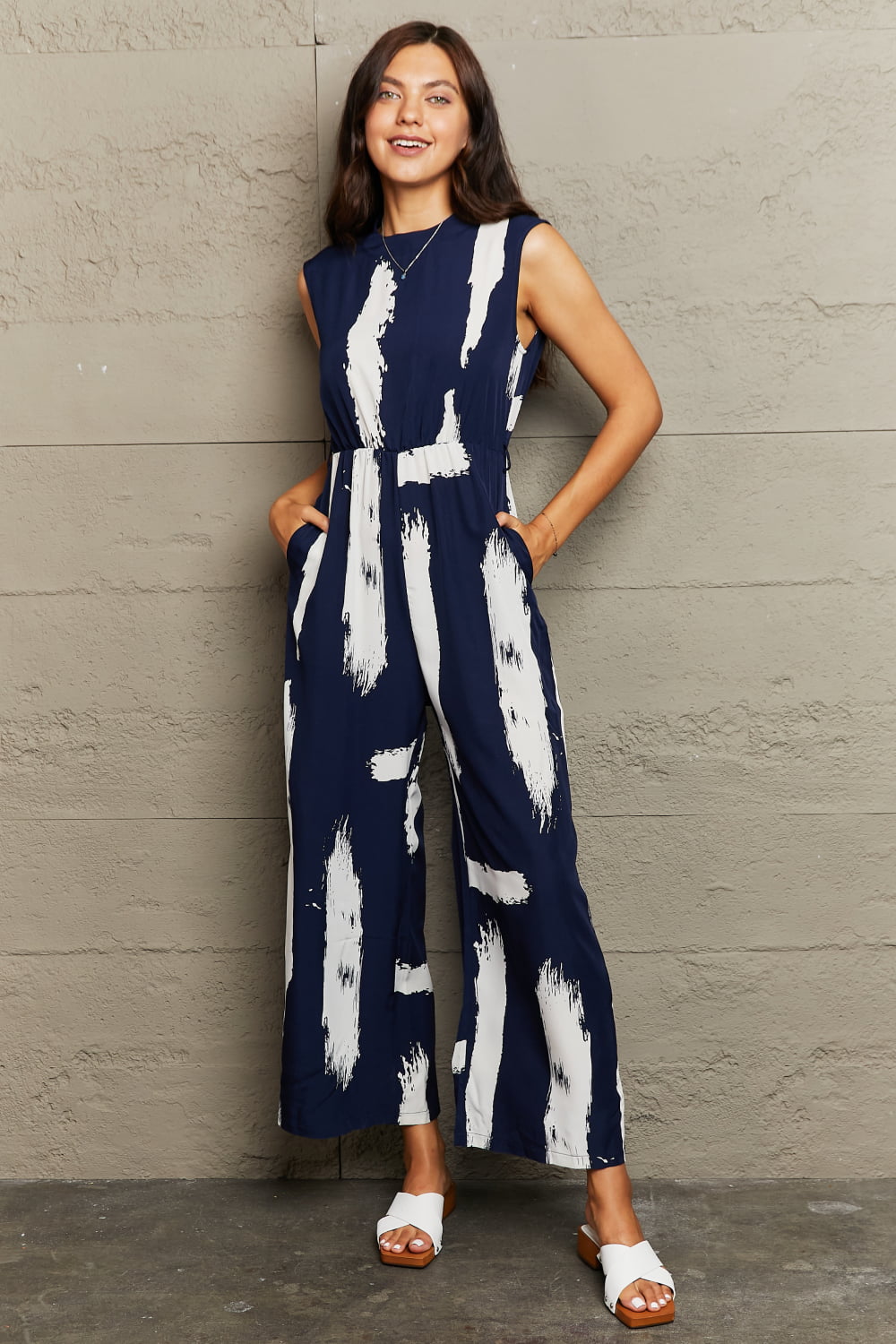 Perfee Printed Round Neck Cutout Jumpsuit with Pockets - Flip Flop Dynasty
