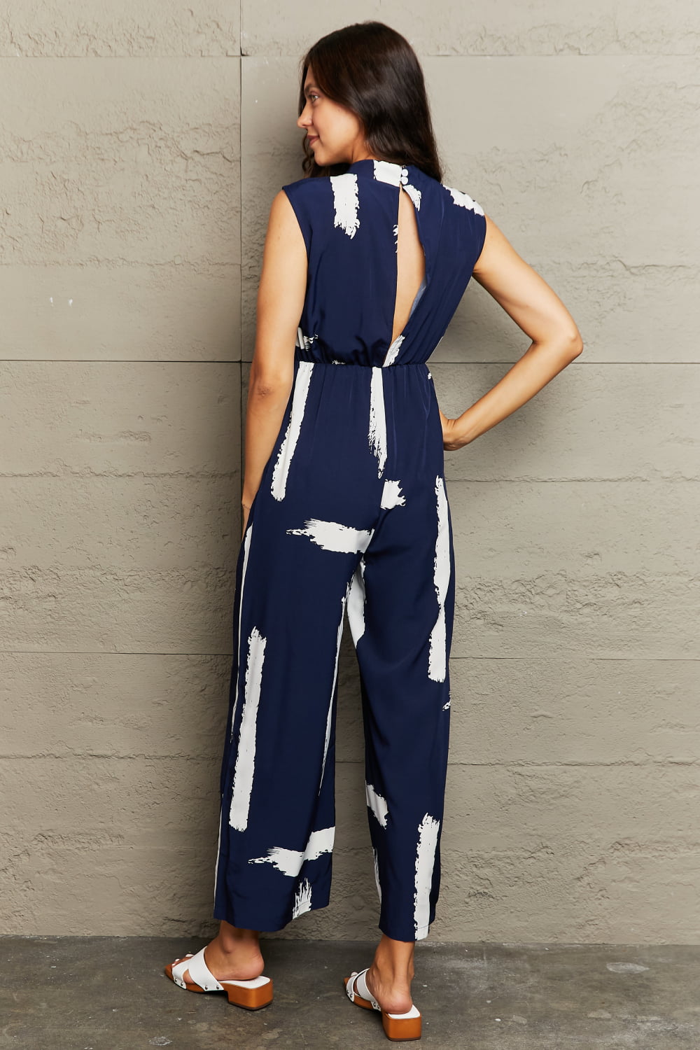 Perfee Printed Round Neck Cutout Jumpsuit with Pockets - Flip Flop Dynasty