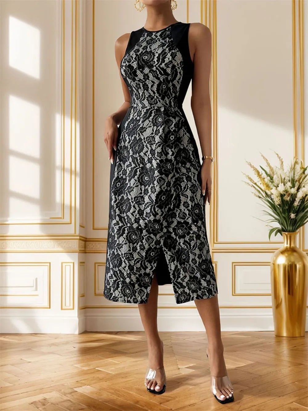 Perfee Slit Rose Round Neck Sleeveless Midi Dress - Flip Flop Dynasty