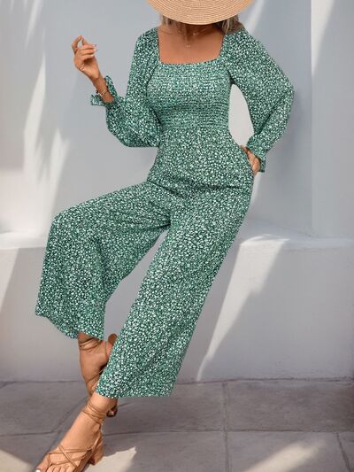 Perfee Smocked Printed Long Sleeve Wide Leg Jumpsuit - Flip Flop Dynasty