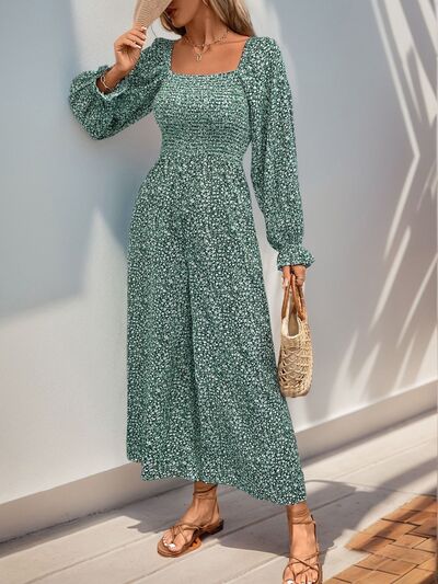 Perfee Smocked Printed Long Sleeve Wide Leg Jumpsuit - Flip Flop Dynasty