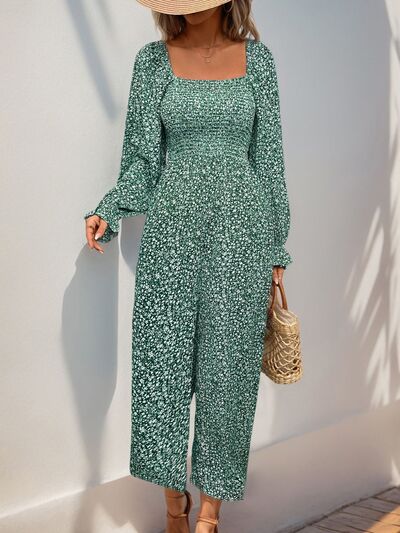 Perfee Smocked Printed Long Sleeve Wide Leg Jumpsuit - Flip Flop Dynasty