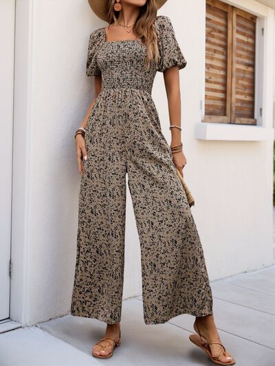 Perfee Smocked Printed Square Neck Puff Sleeve Jumpsuit - Flip Flop Dynasty