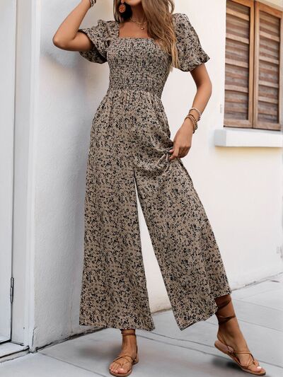 Perfee Smocked Printed Square Neck Puff Sleeve Jumpsuit - Flip Flop Dynasty