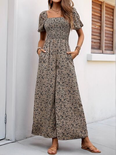 Perfee Smocked Printed Square Neck Puff Sleeve Jumpsuit - Flip Flop Dynasty