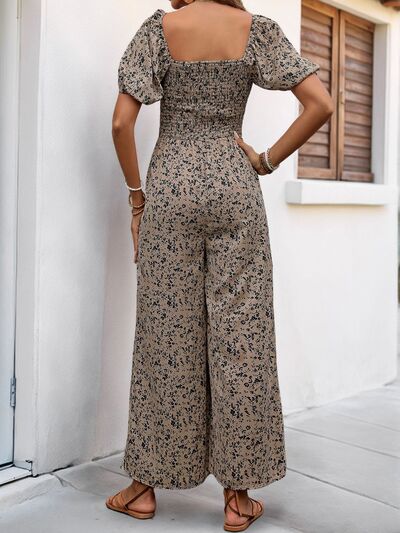 Perfee Smocked Printed Square Neck Puff Sleeve Jumpsuit - Flip Flop Dynasty