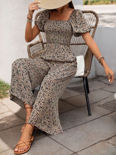 Perfee Smocked Printed Square Neck Puff Sleeve Jumpsuit - Flip Flop Dynasty