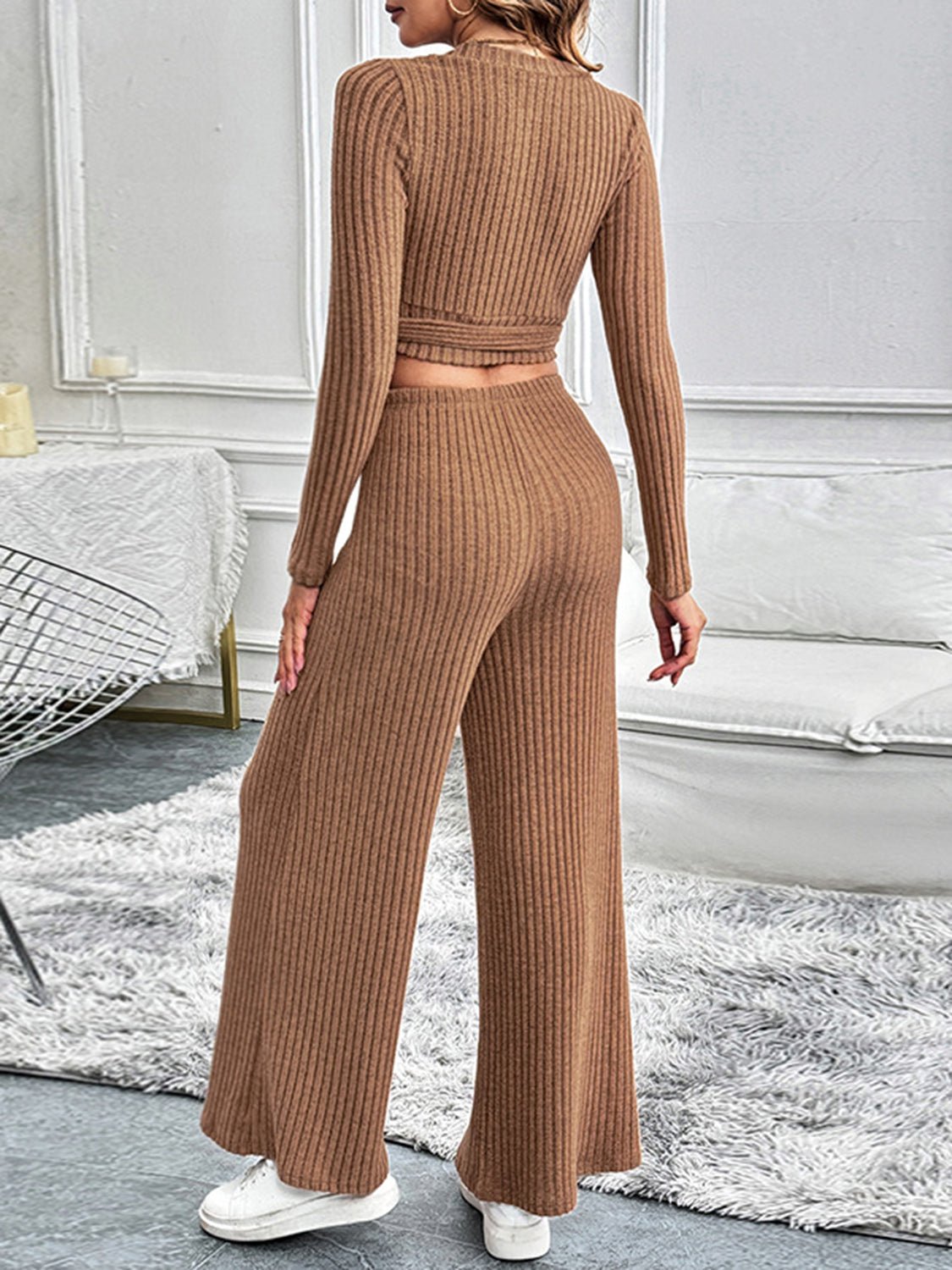 Perfee Surplice Long Sleeve Top and Pants Set - Flip Flop Dynasty