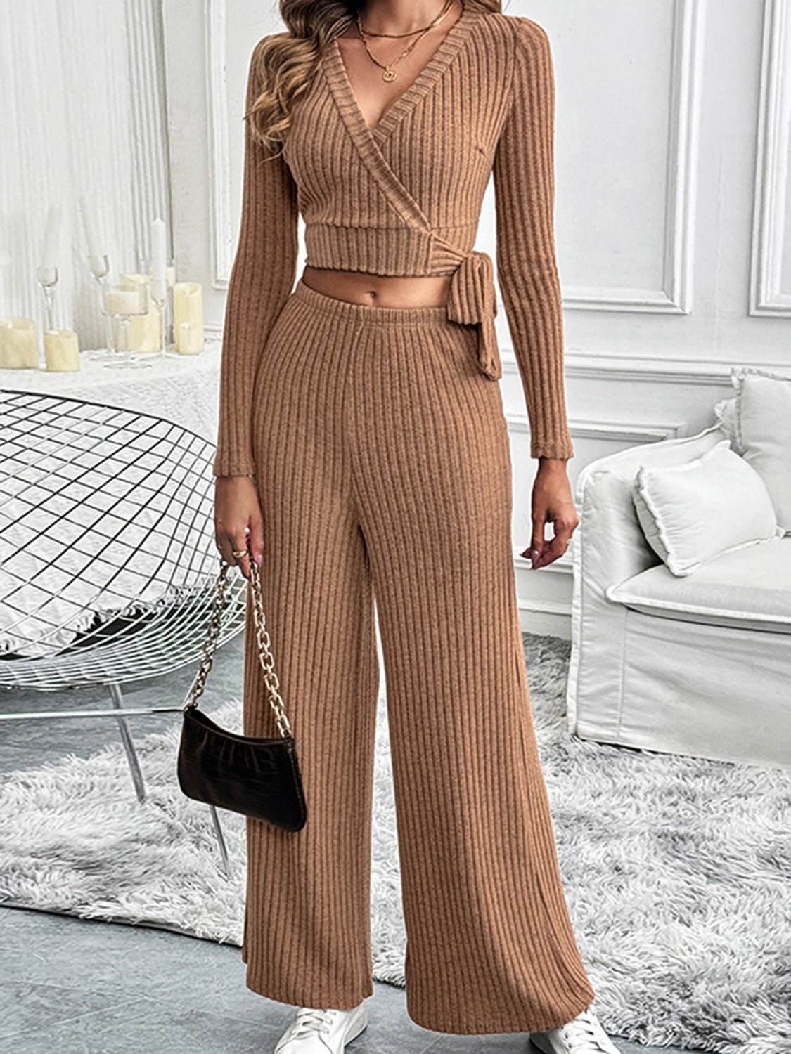 Perfee Surplice Long Sleeve Top and Pants Set - Flip Flop Dynasty