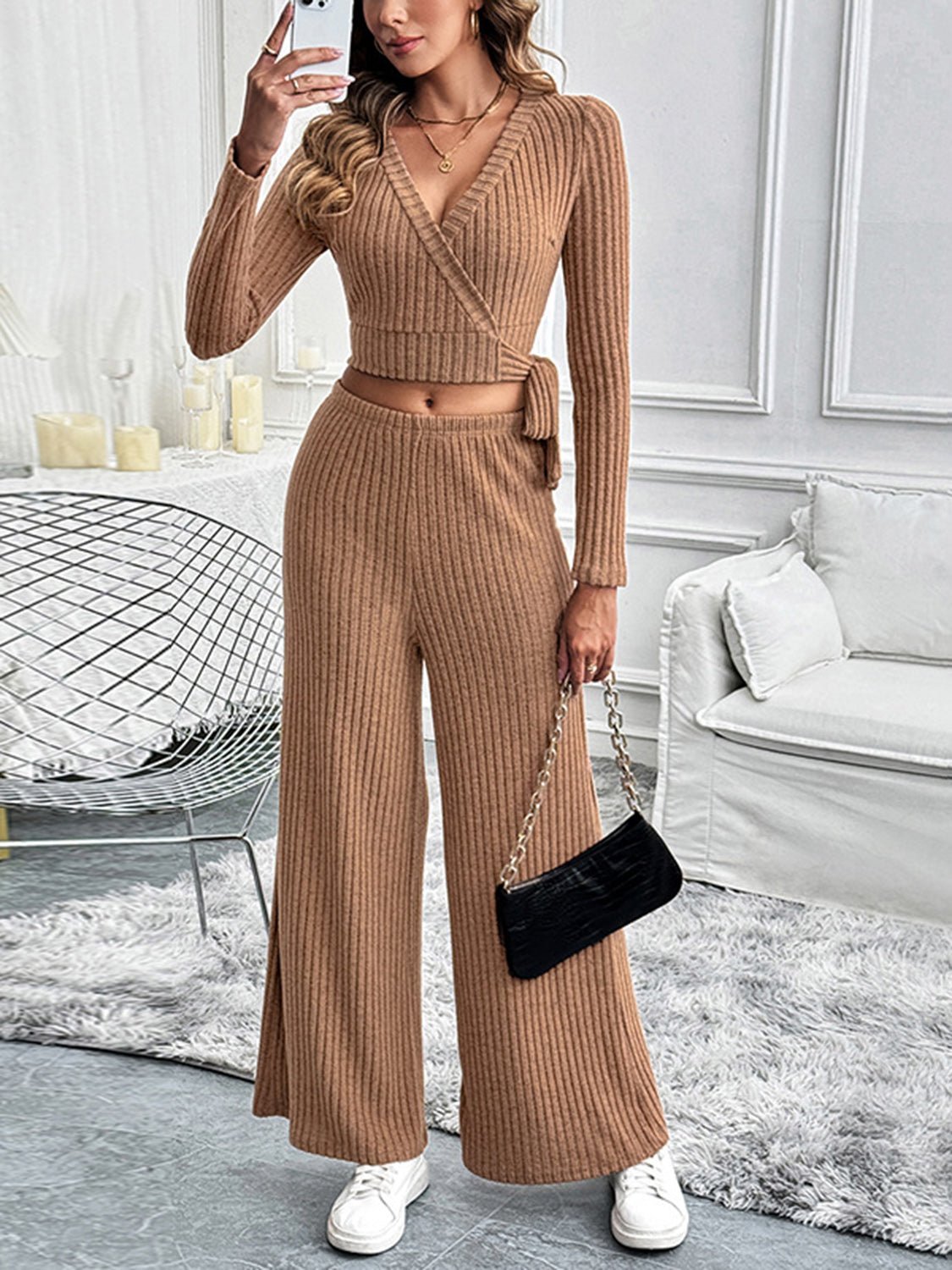 Perfee Surplice Long Sleeve Top and Pants Set - Flip Flop Dynasty