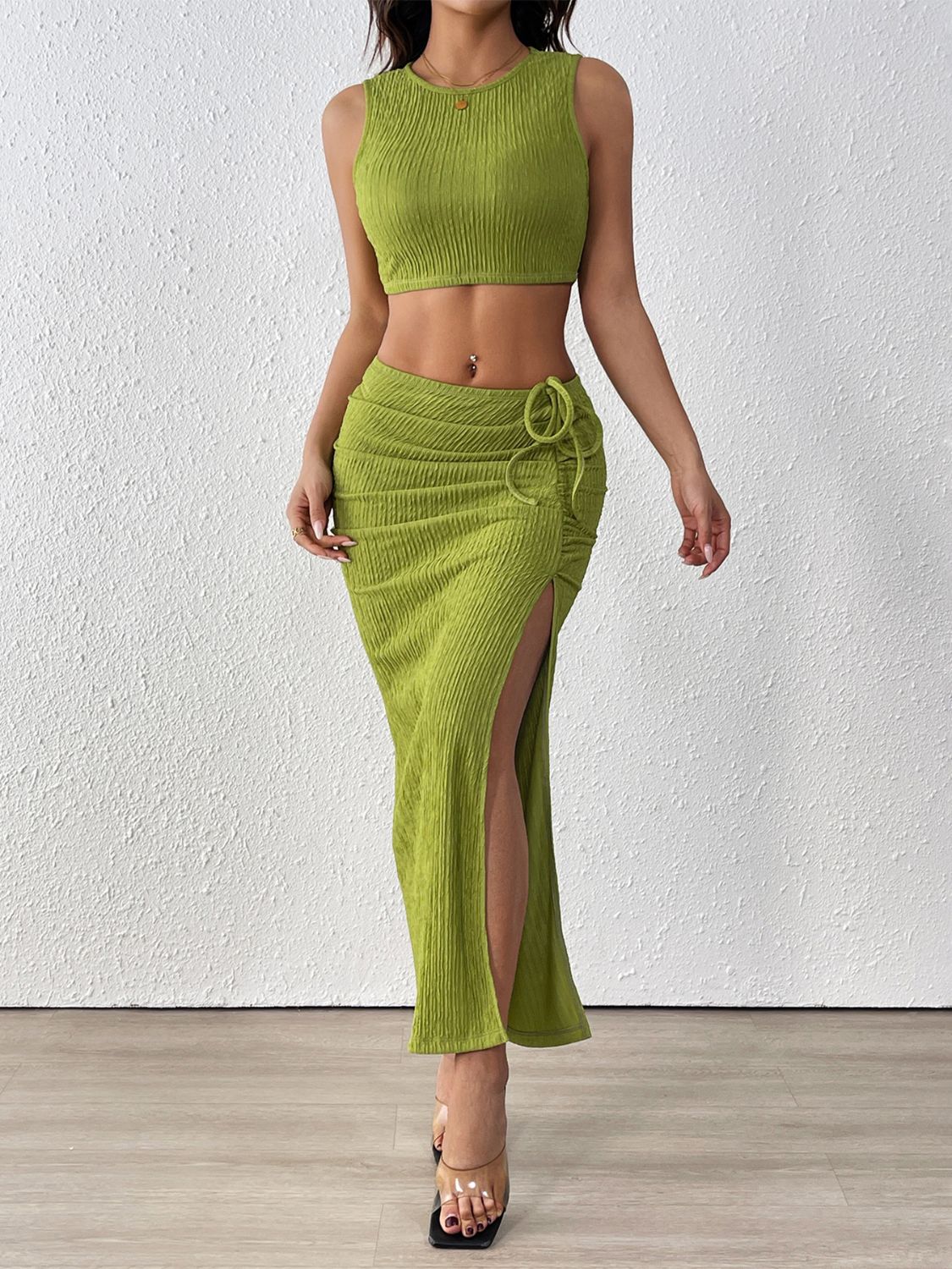 Perfee Texture Cropped Tank and Ruched Skirt Set - Flip Flop Dynasty