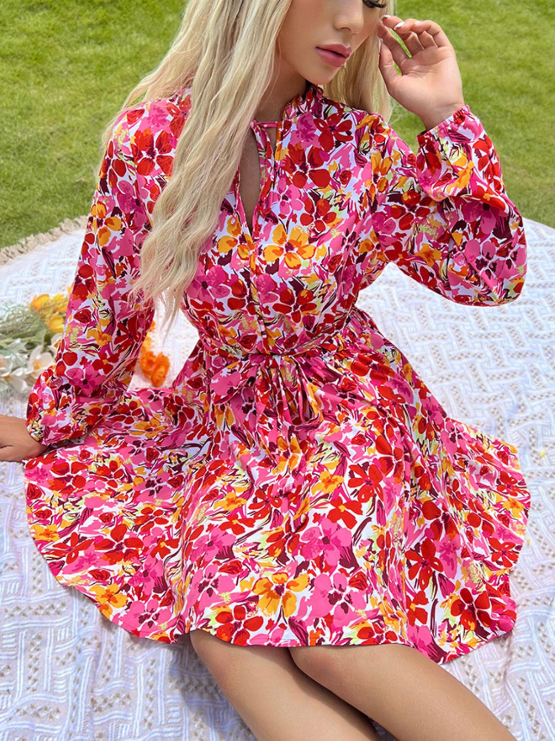Perfee Tie Front Printed Long Sleeve Mini Dress - Flip Flop Dynasty