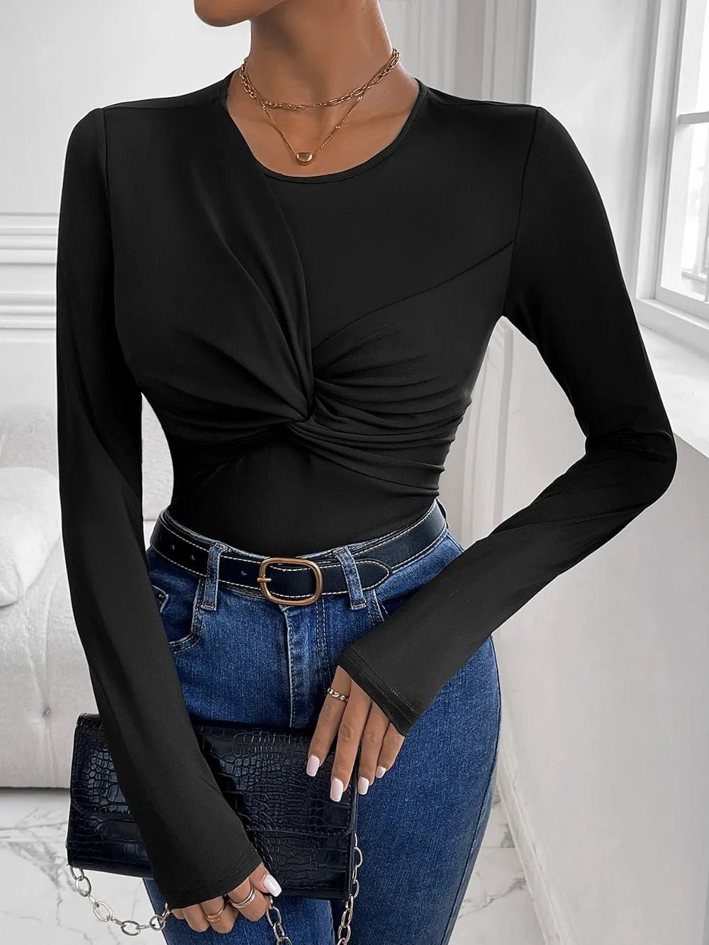Perfee Twisted Round Neck Long Sleeve Bodysuit - Flip Flop Dynasty