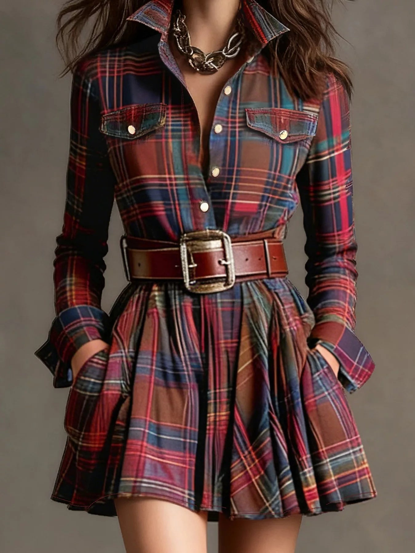 Plaid Long Sleeve Shirt Dress - Flip Flop Dynasty