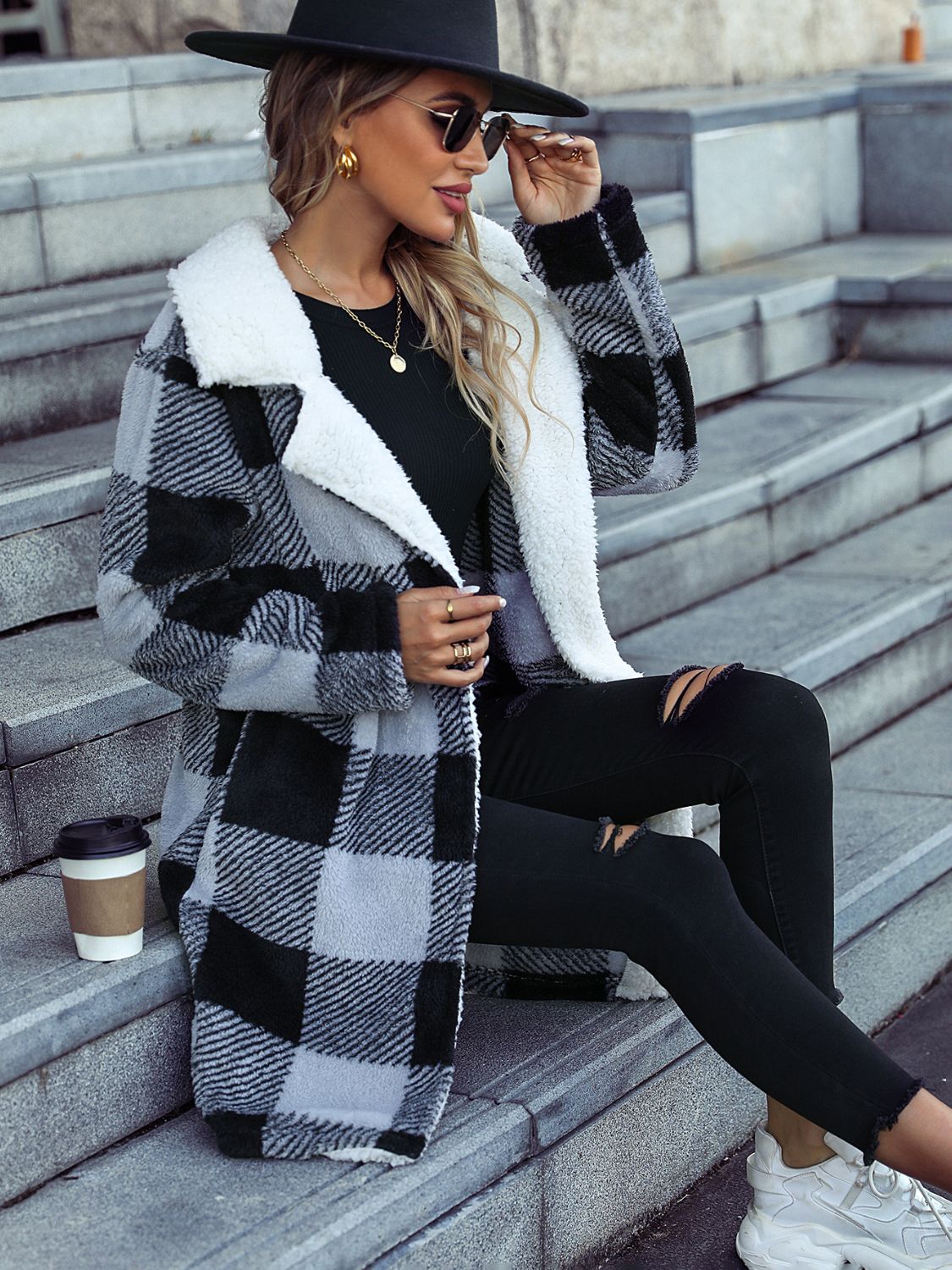 Plaid Open Front Coat with Pockets - Flip Flop Dynasty