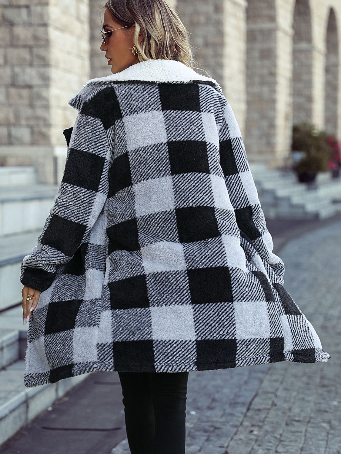 Plaid Open Front Coat with Pockets - Flip Flop Dynasty