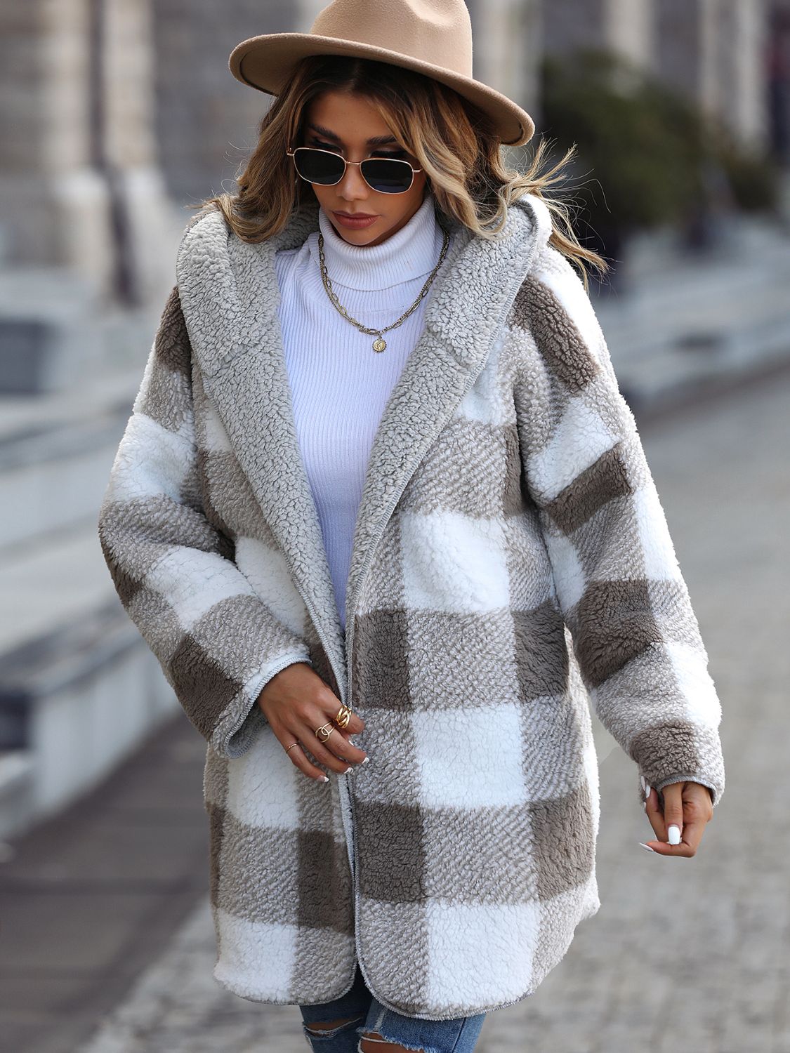 Plaid Open Front Hooded Coat - Flip Flop Dynasty