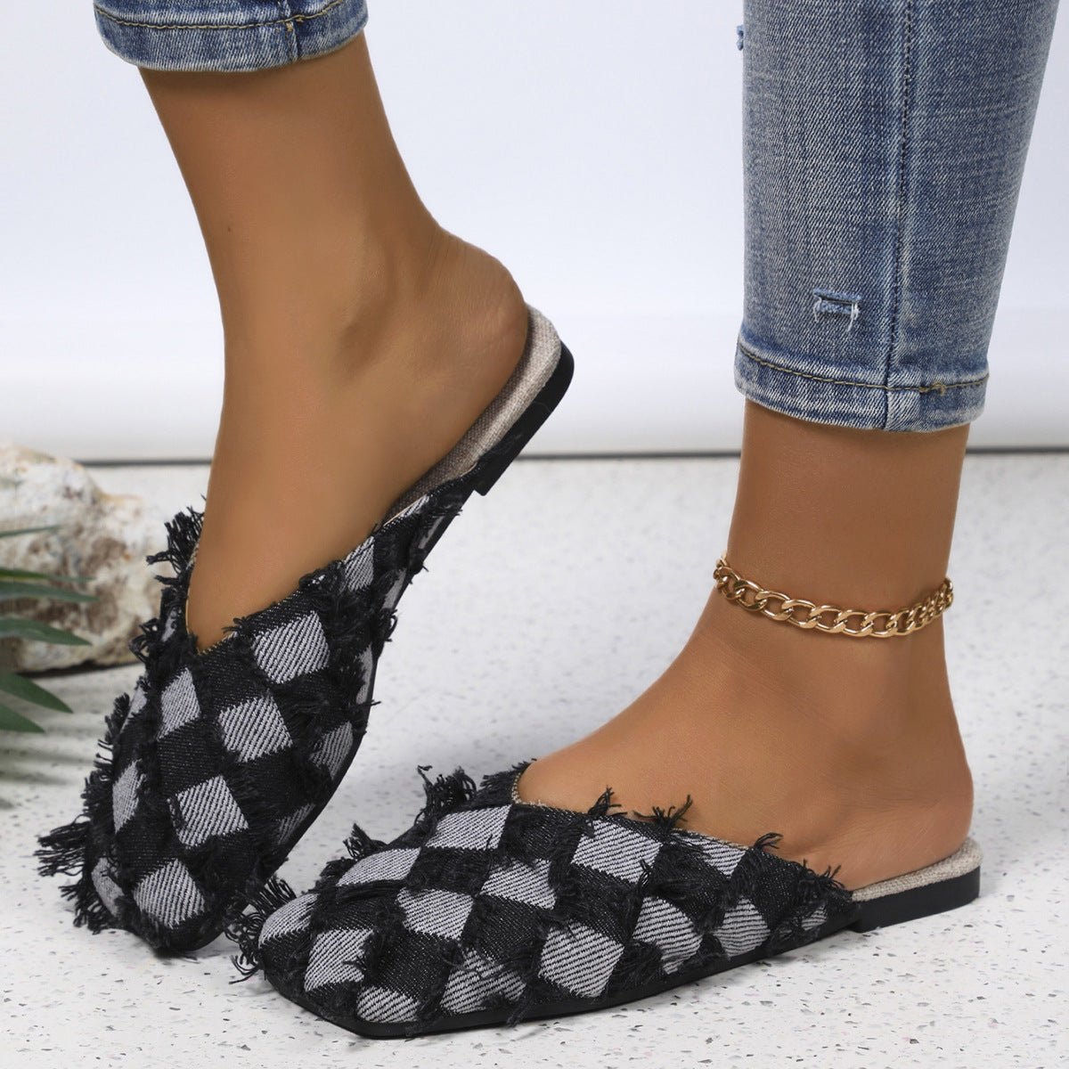 Plaid Square Toe Flat Slippers - Flip Flop Dynasty