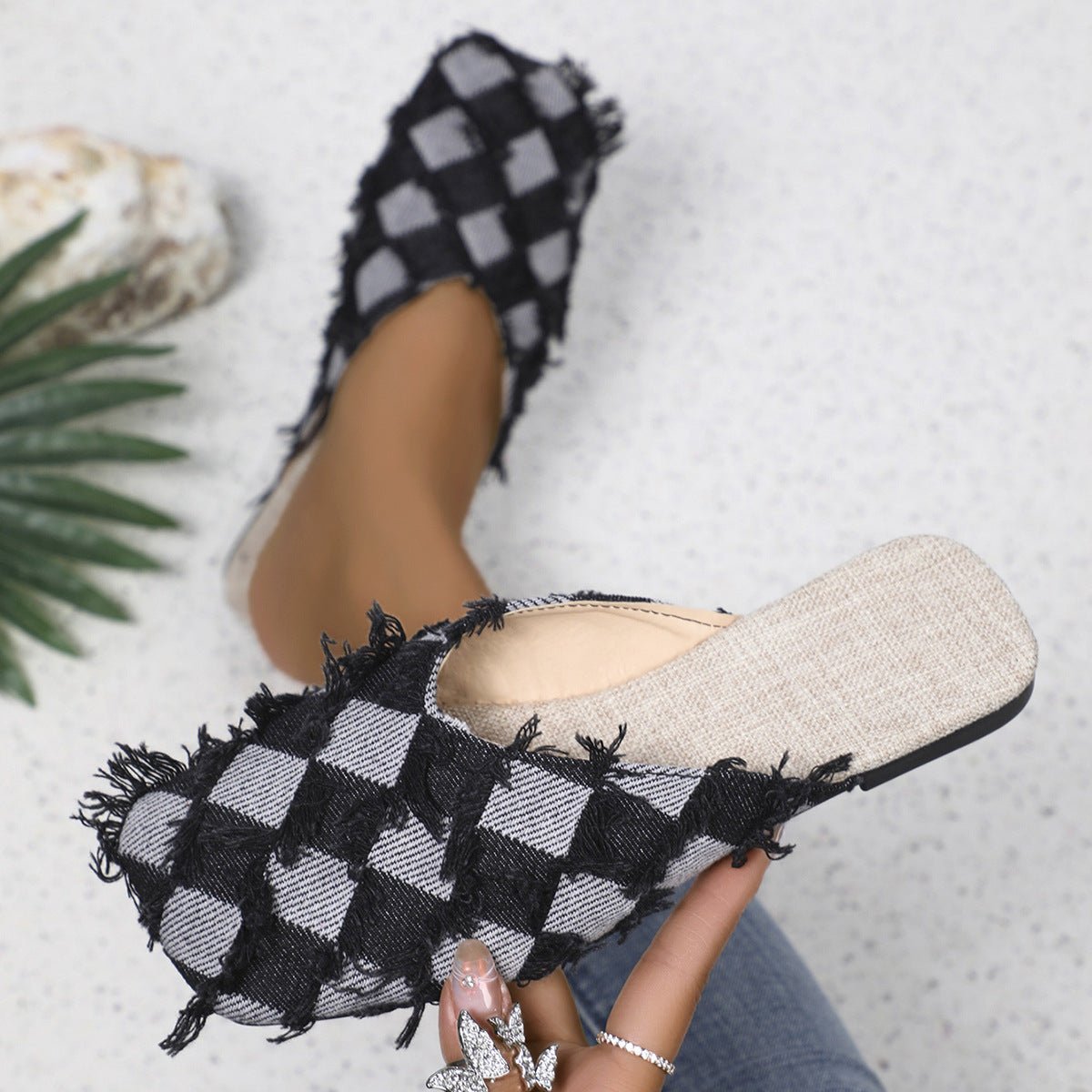 Plaid Square Toe Flat Slippers - Flip Flop Dynasty