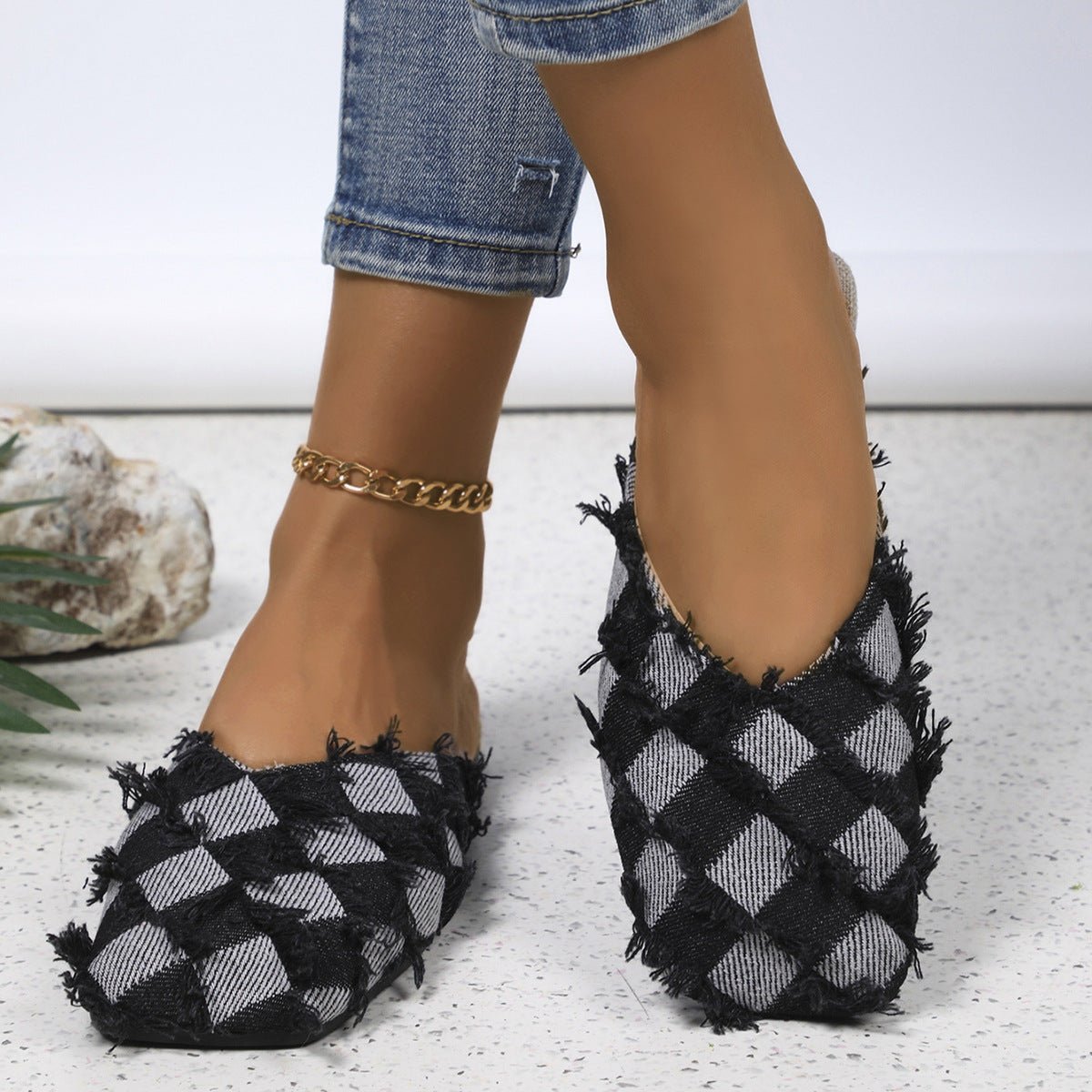 Plaid Square Toe Flat Slippers - Flip Flop Dynasty