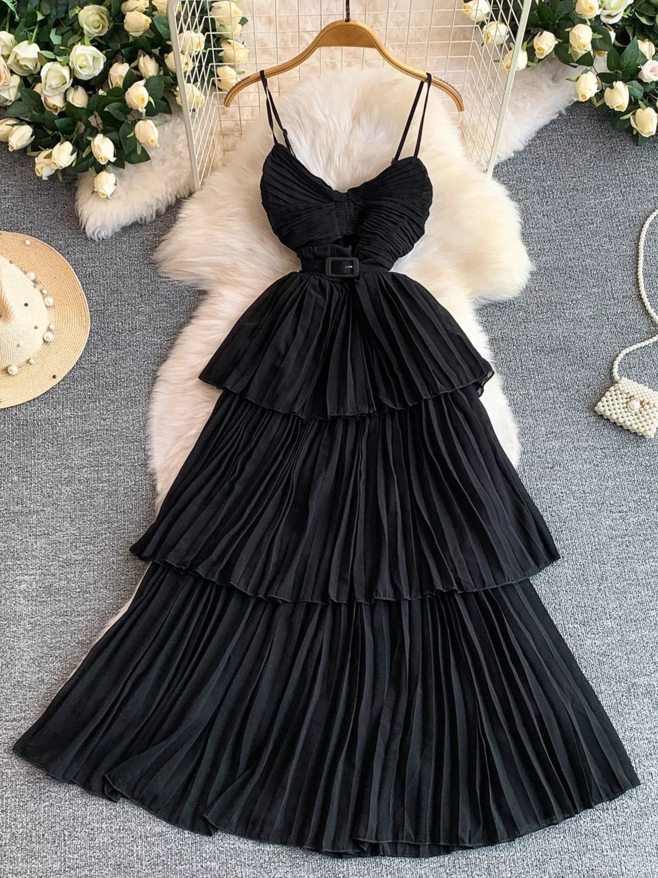 Pleated Layered Spaghetti Strap Midi Dress - Flip Flop Dynasty