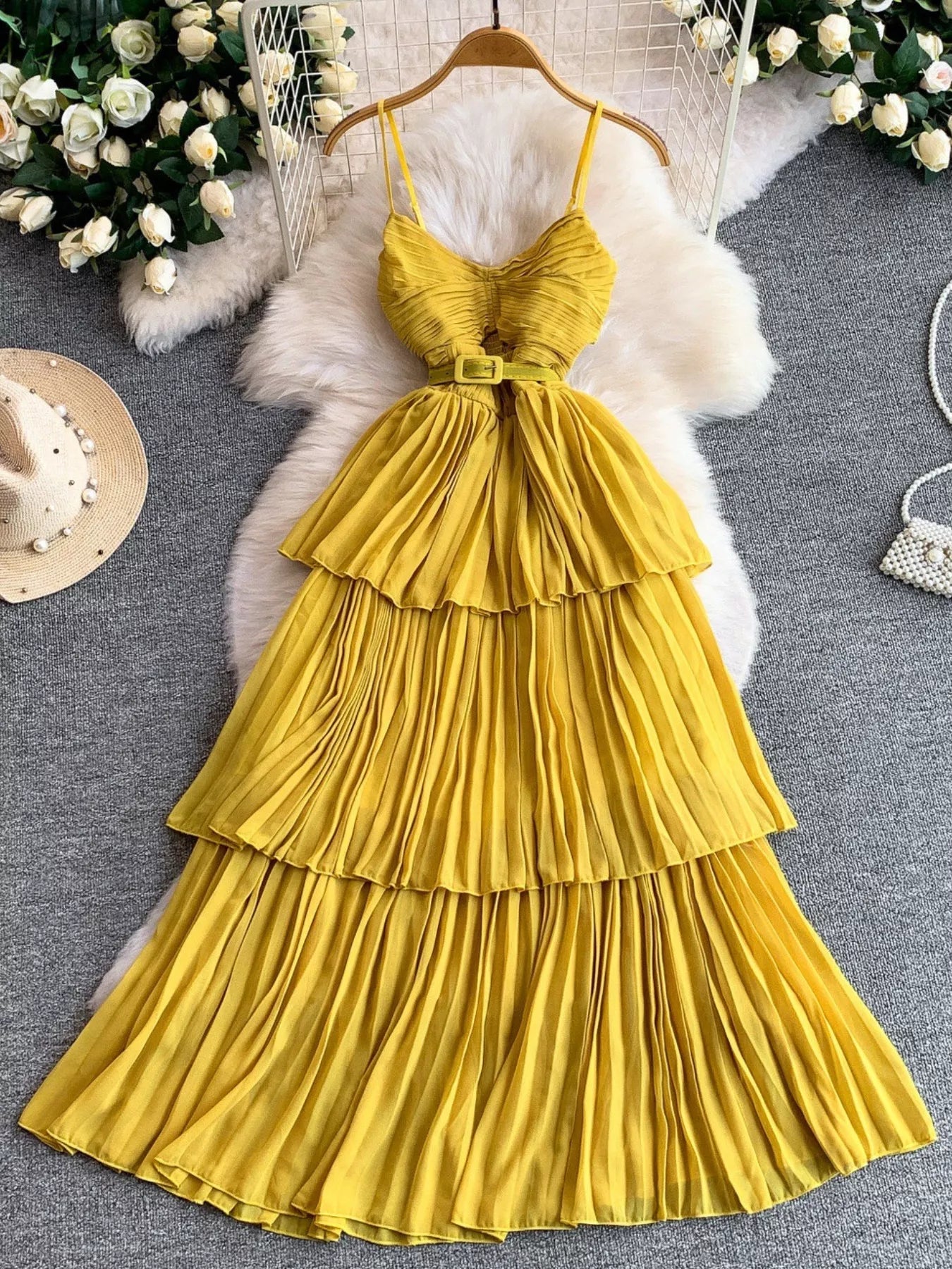 Pleated Layered Spaghetti Strap Midi Dress - Flip Flop Dynasty