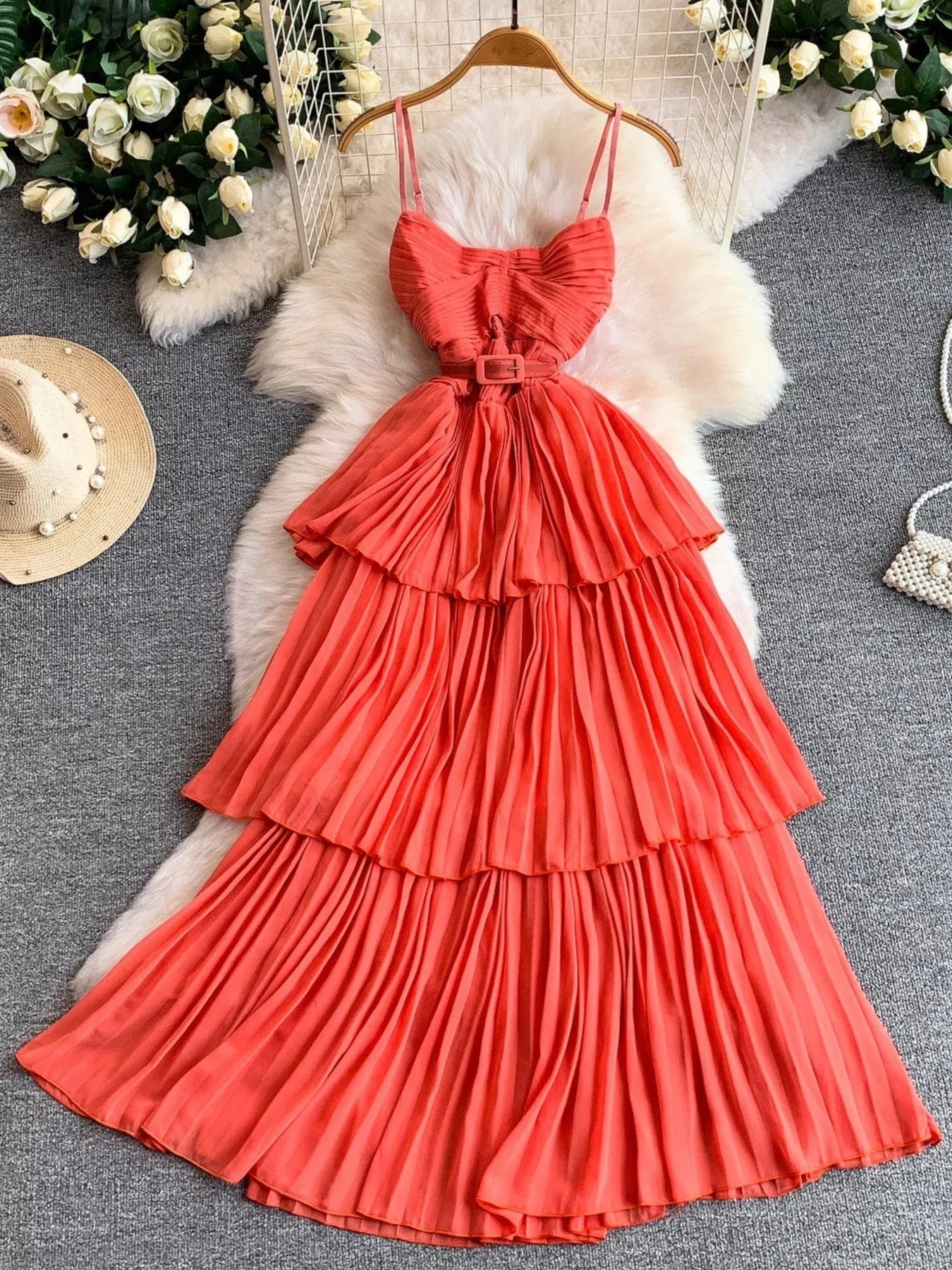Pleated Layered Spaghetti Strap Midi Dress - Flip Flop Dynasty