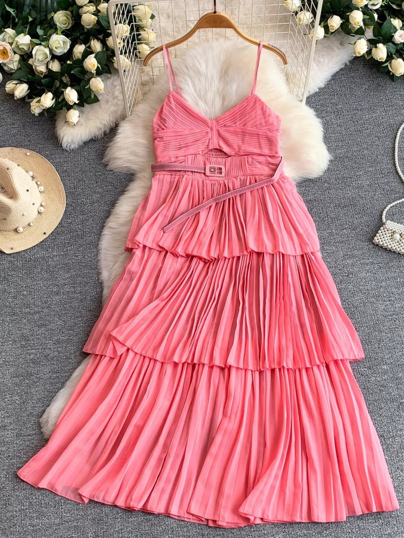Pleated Layered Spaghetti Strap Midi Dress - Flip Flop Dynasty