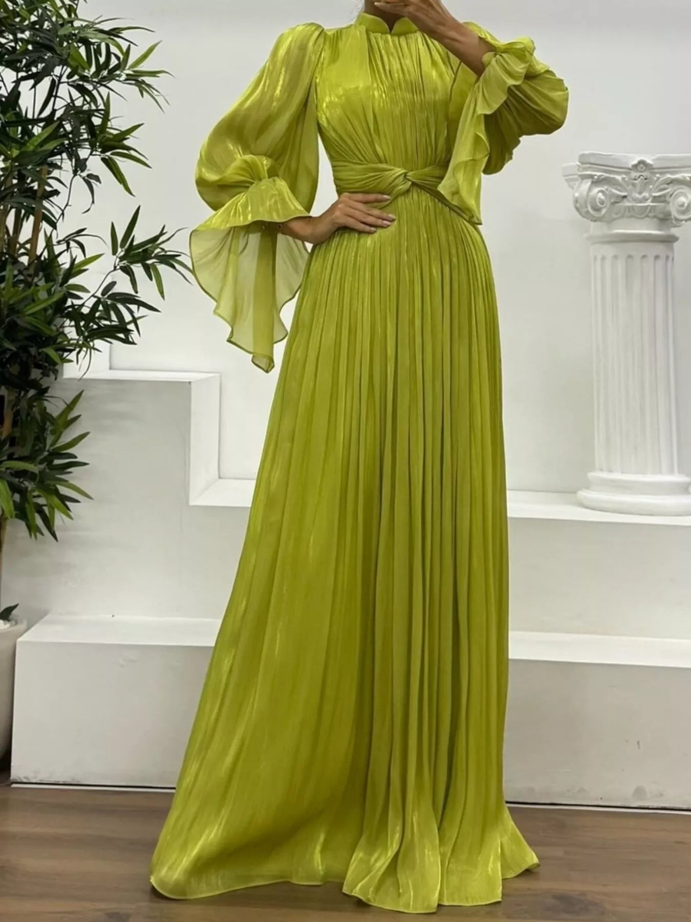 Pleated Mock Neck Long Sleeve Maxi Dress - Flip Flop Dynasty