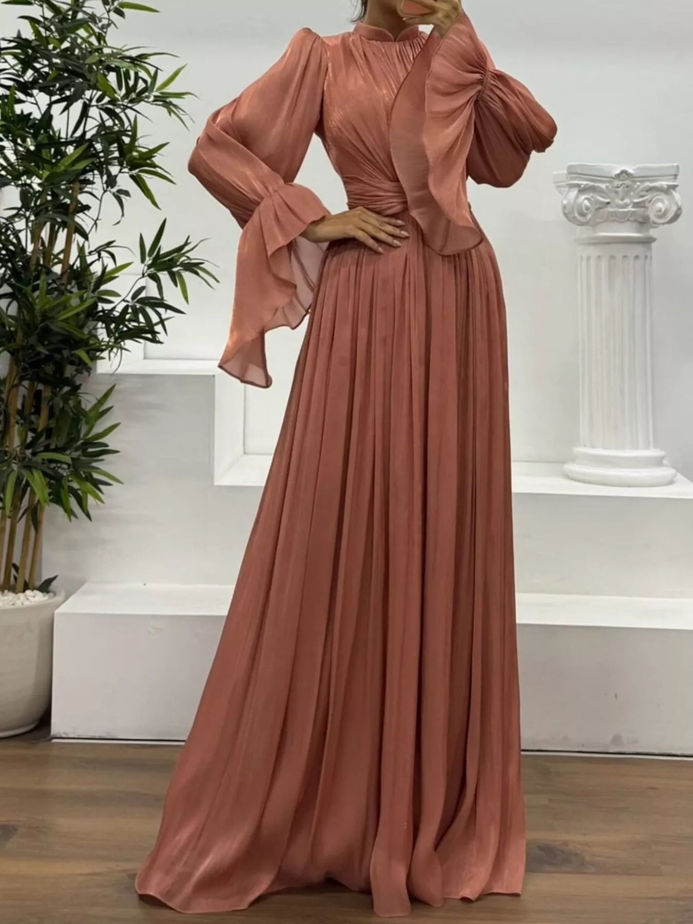 Pleated Mock Neck Long Sleeve Maxi Dress - Flip Flop Dynasty
