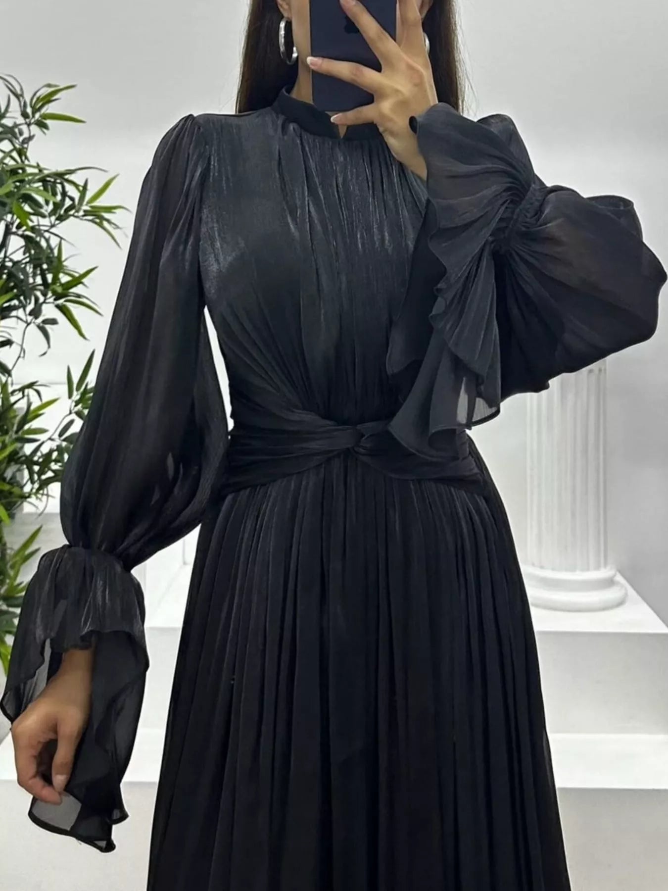 Pleated Mock Neck Long Sleeve Maxi Dress - Flip Flop Dynasty