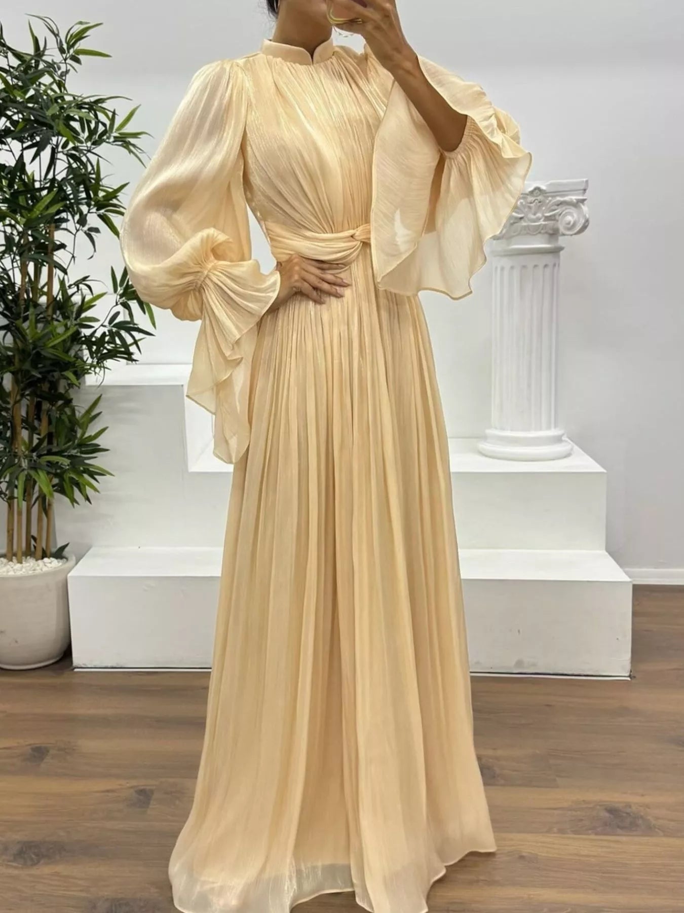 Pleated Mock Neck Long Sleeve Maxi Dress - Flip Flop Dynasty