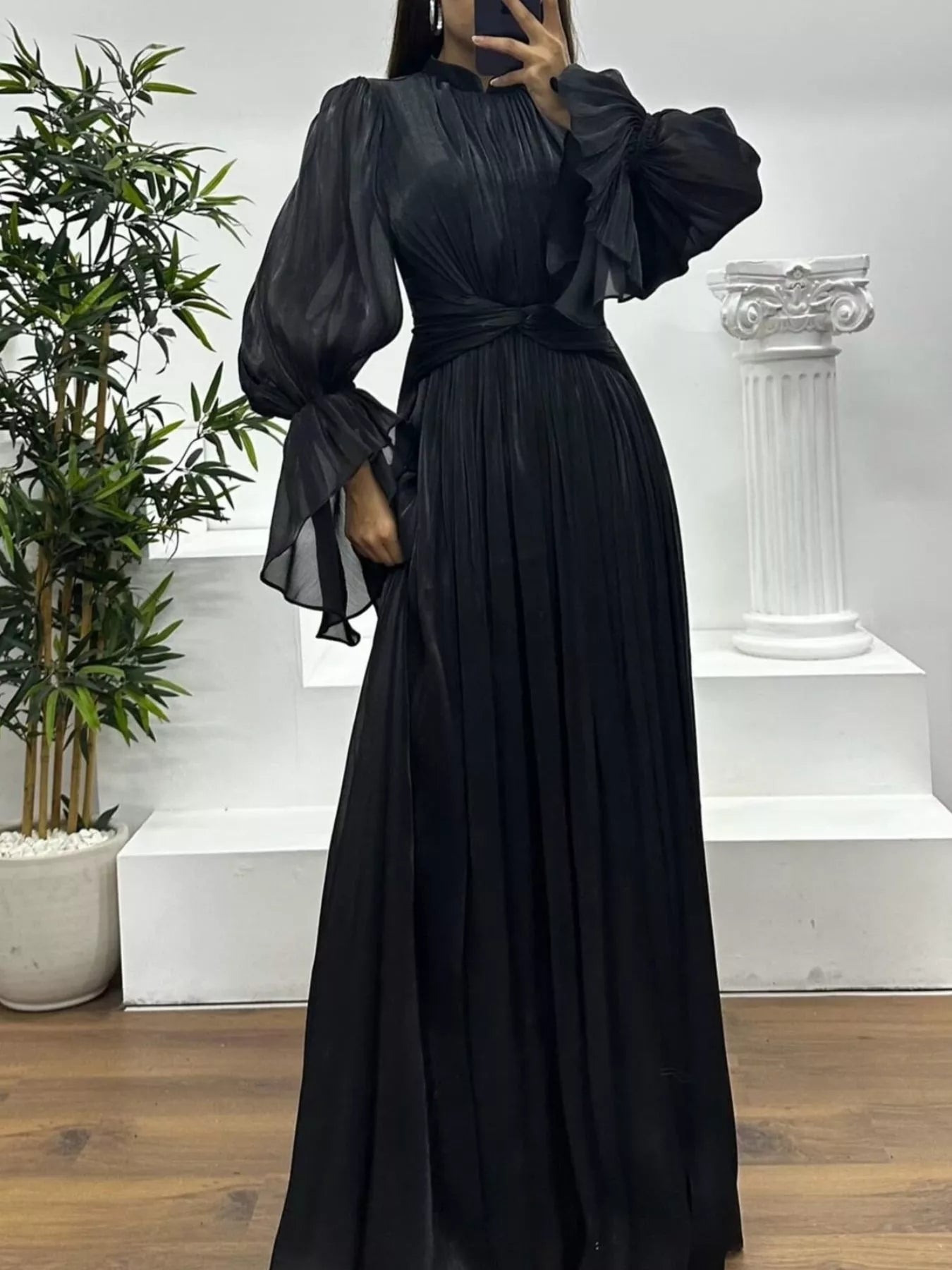 Pleated Mock Neck Long Sleeve Maxi Dress - Flip Flop Dynasty