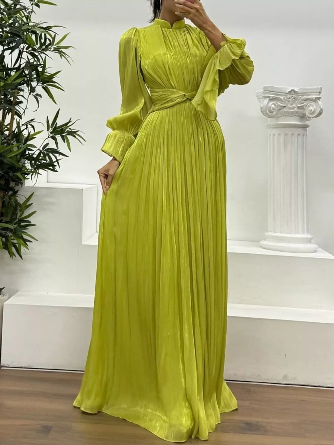Pleated Mock Neck Long Sleeve Maxi Dress - Flip Flop Dynasty