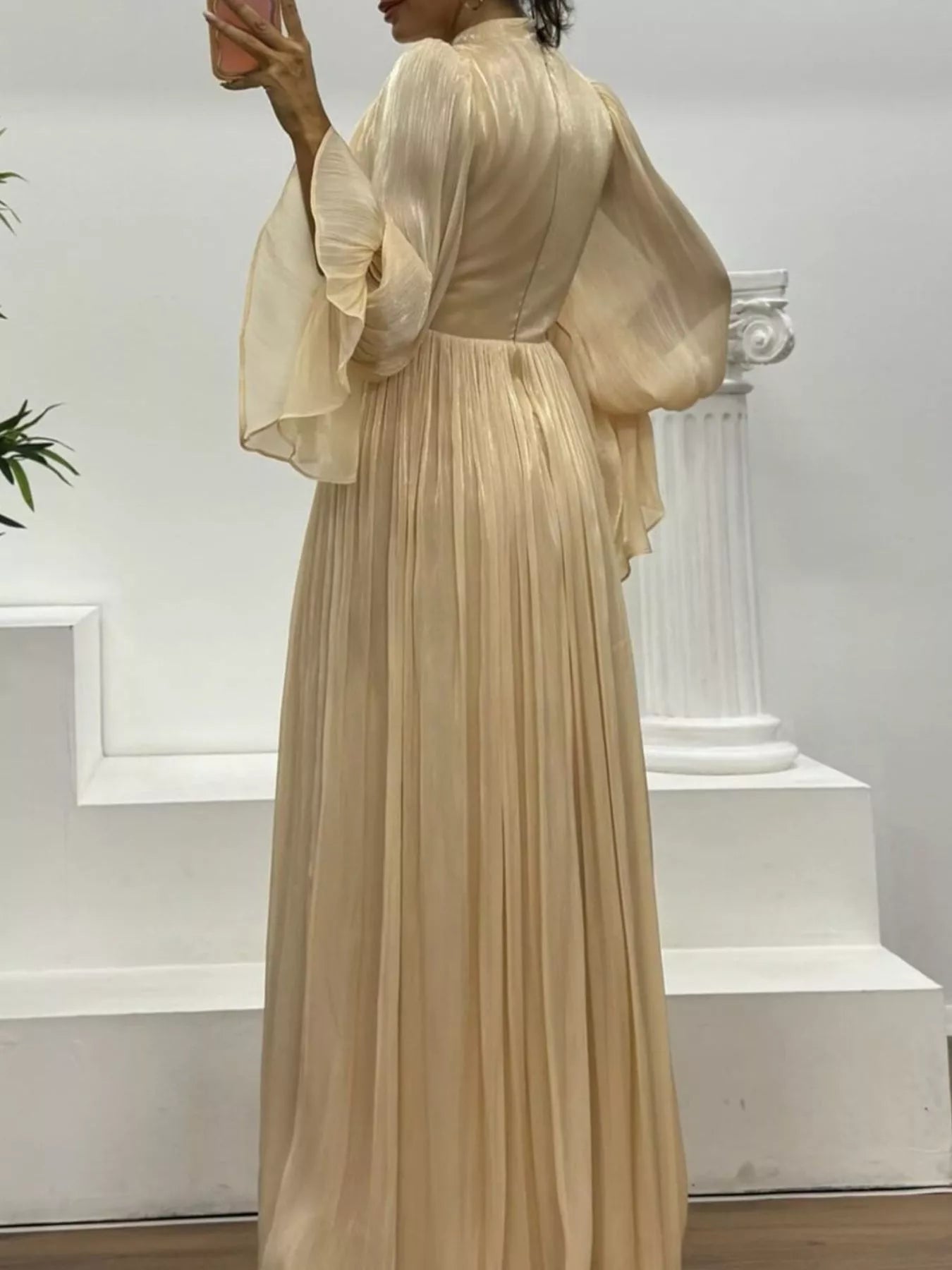 Pleated Mock Neck Long Sleeve Maxi Dress - Flip Flop Dynasty
