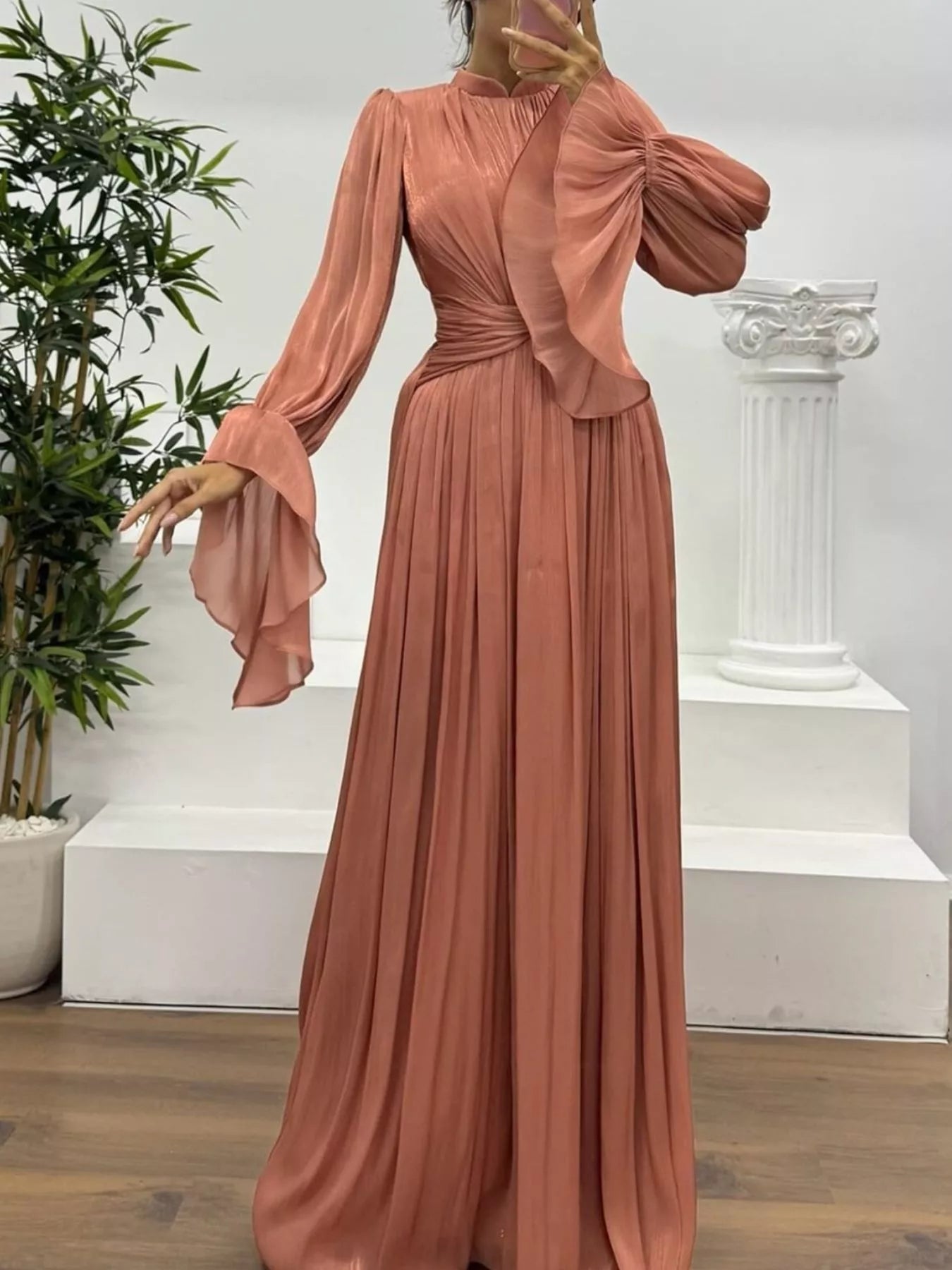 Pleated Mock Neck Long Sleeve Maxi Dress - Flip Flop Dynasty