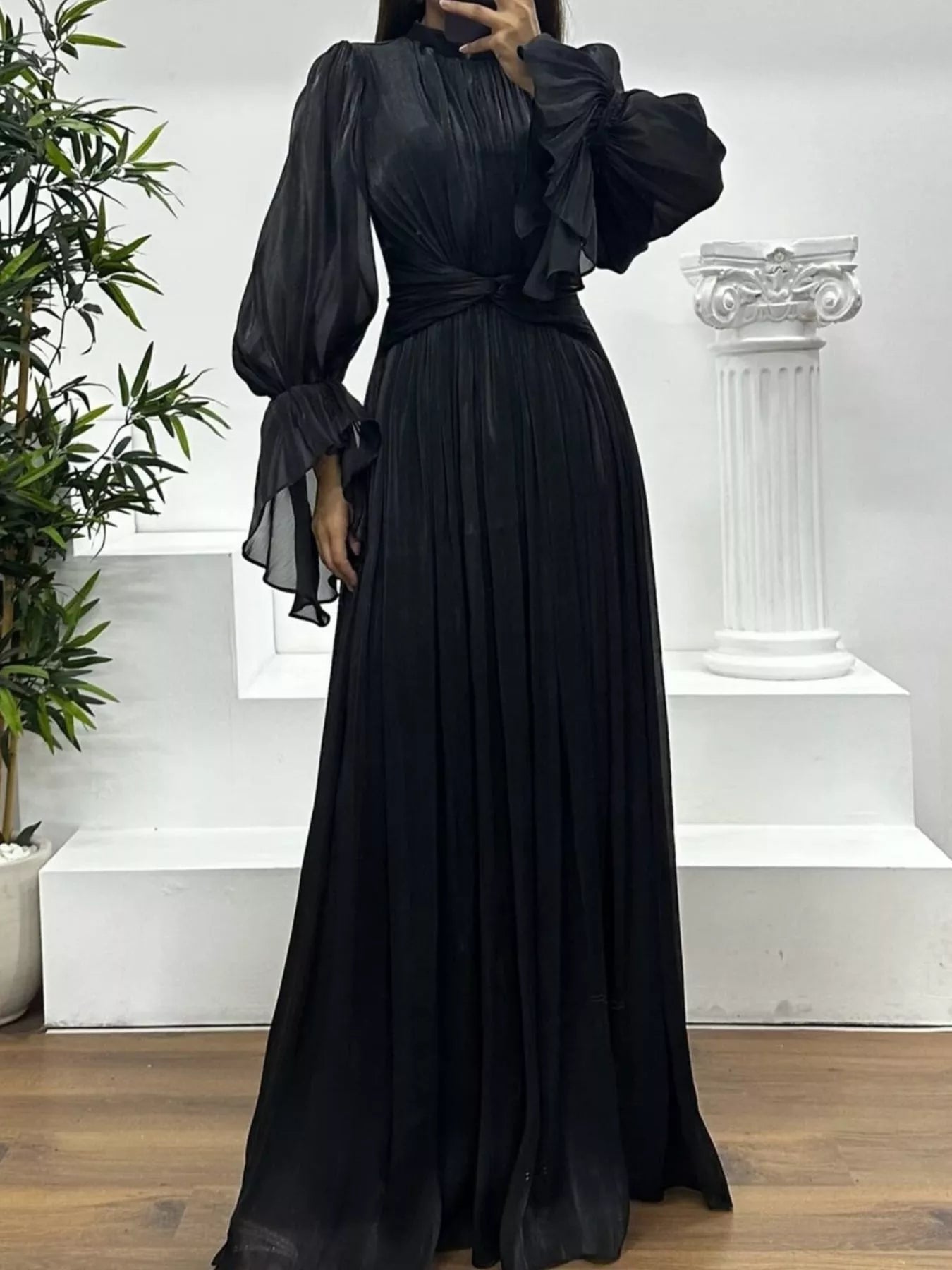 Pleated Mock Neck Long Sleeve Maxi Dress - Flip Flop Dynasty