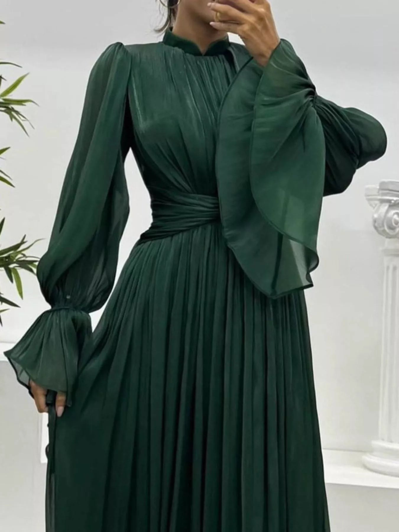 Pleated Mock Neck Long Sleeve Maxi Dress - Flip Flop Dynasty