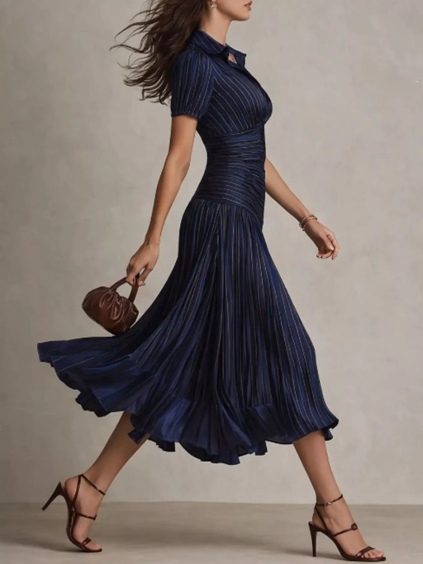 Pleated Striped Short Sleeve Midi Dress - Flip Flop Dynasty