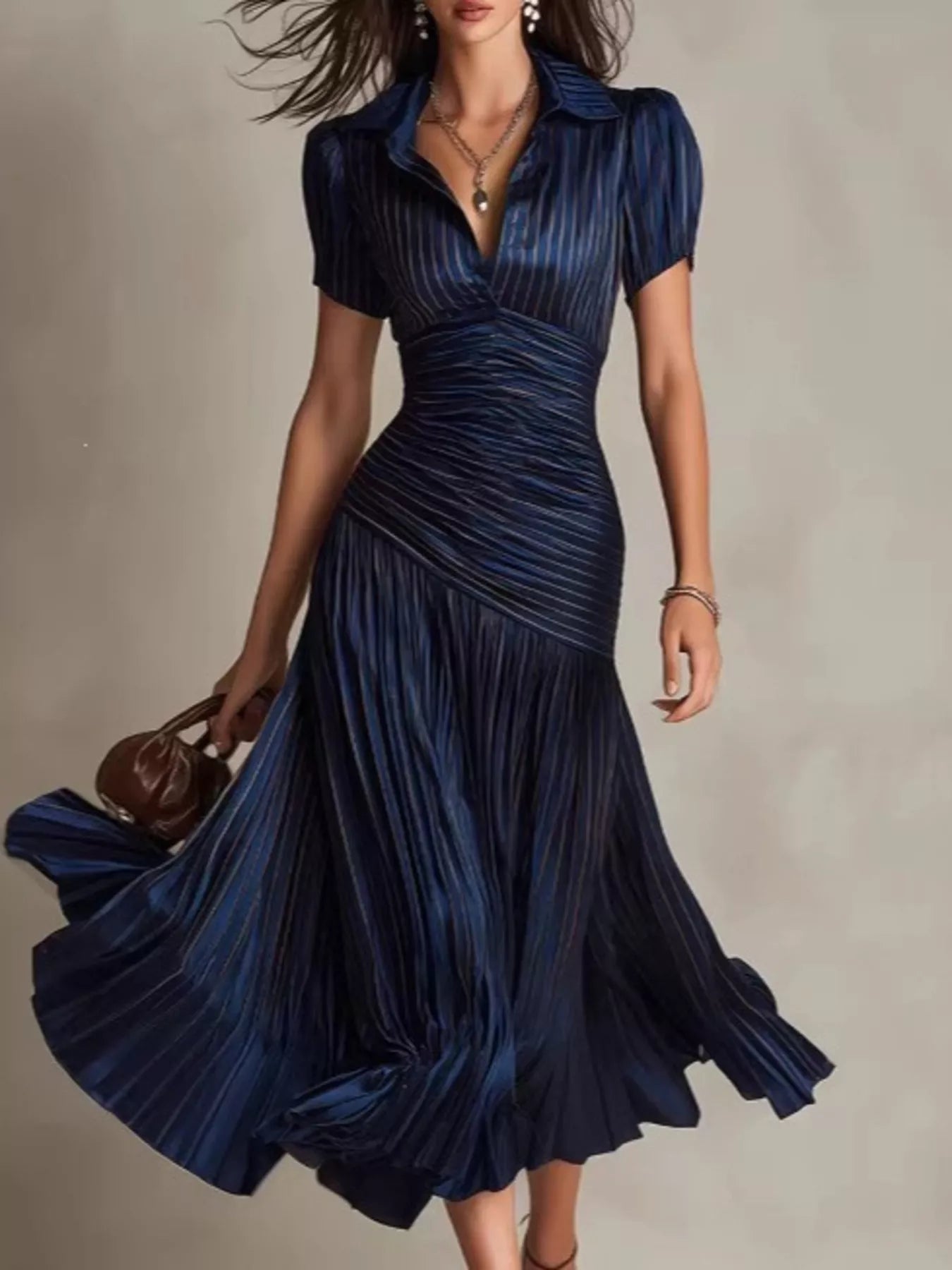 Pleated Striped Short Sleeve Midi Dress - Flip Flop Dynasty