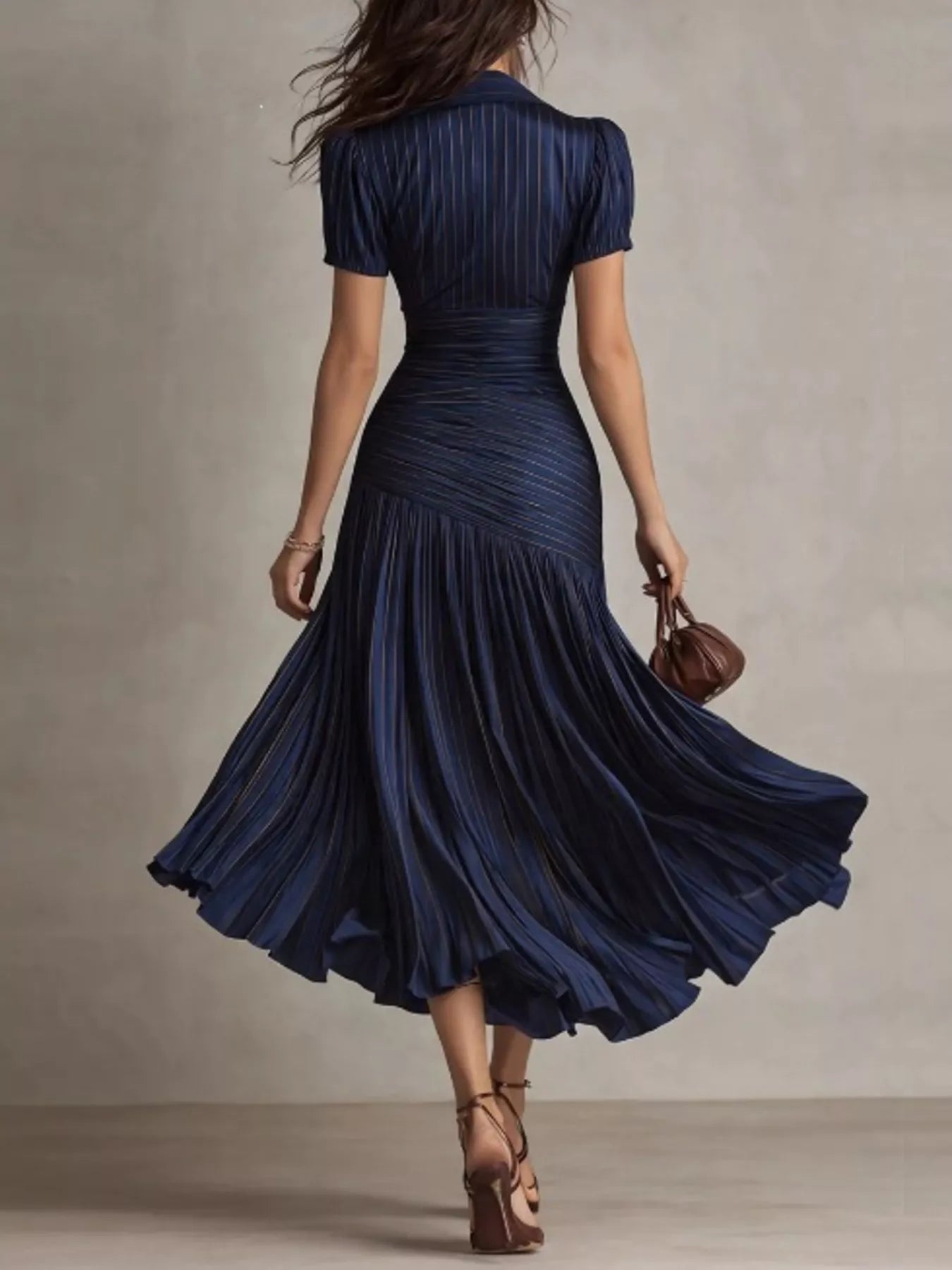 Pleated Striped Short Sleeve Midi Dress - Flip Flop Dynasty