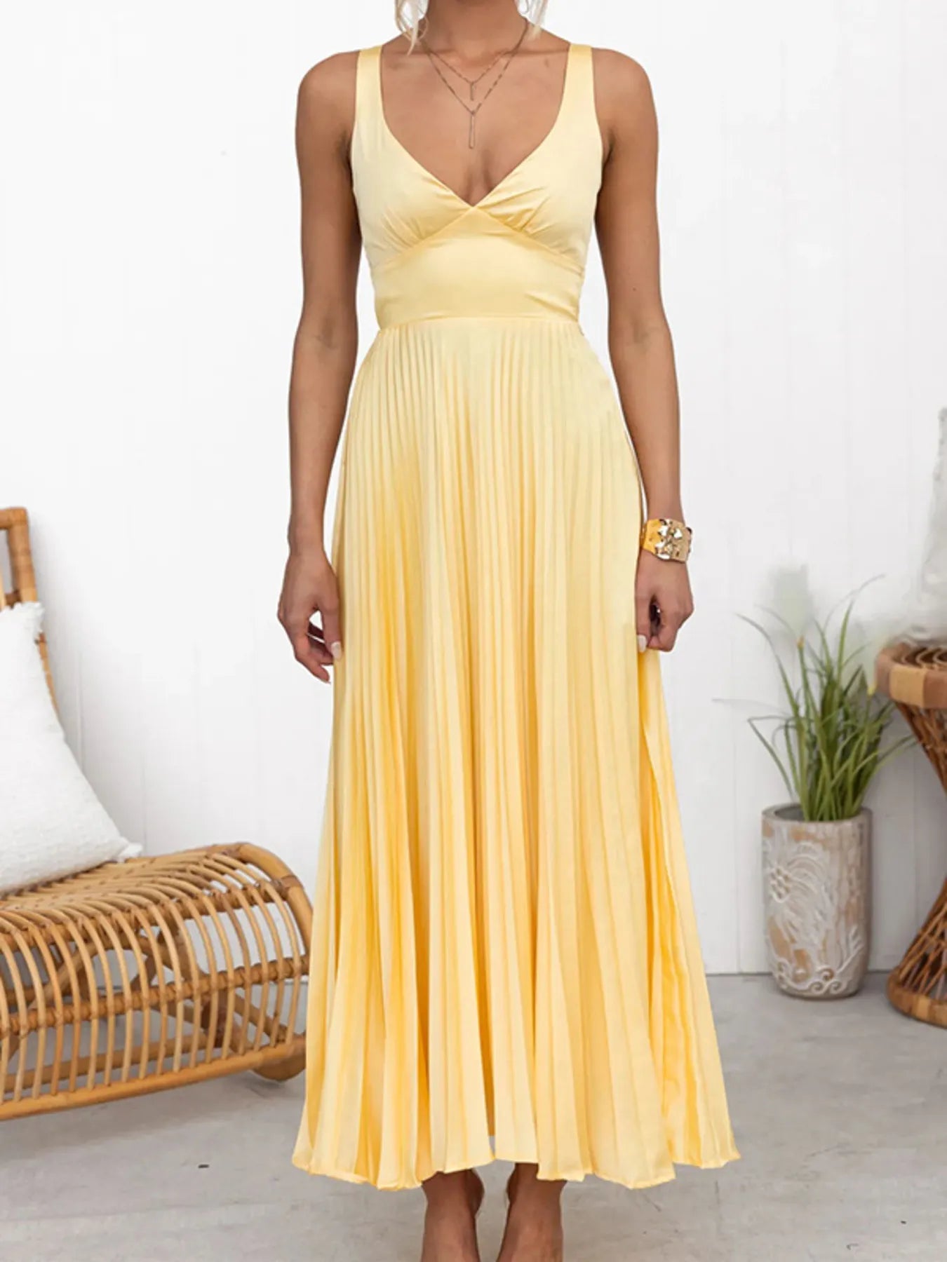 Pleated V - Neck Sleeveless Maxi Dress - Flip Flop Dynasty