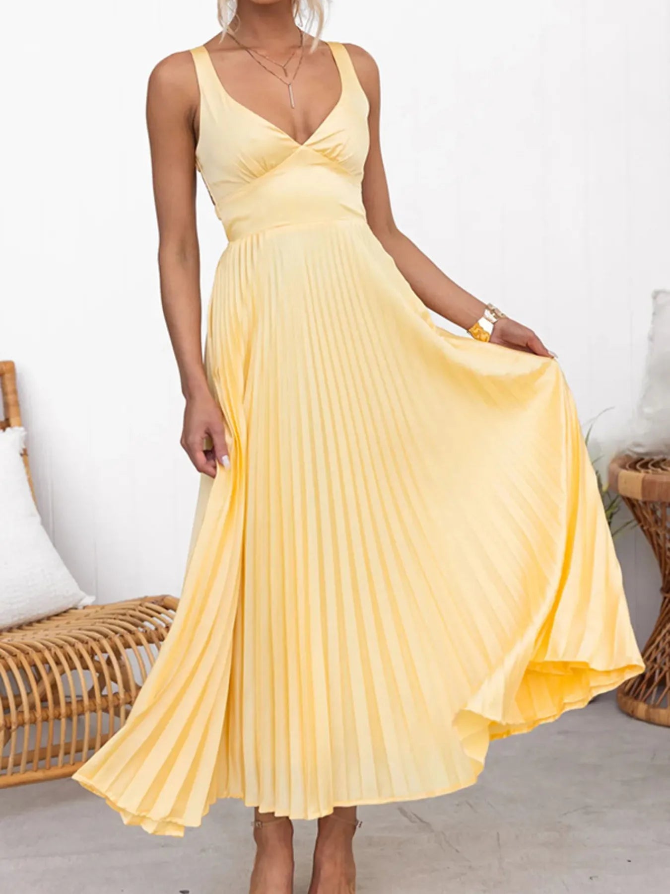 Pleated V - Neck Sleeveless Maxi Dress - Flip Flop Dynasty